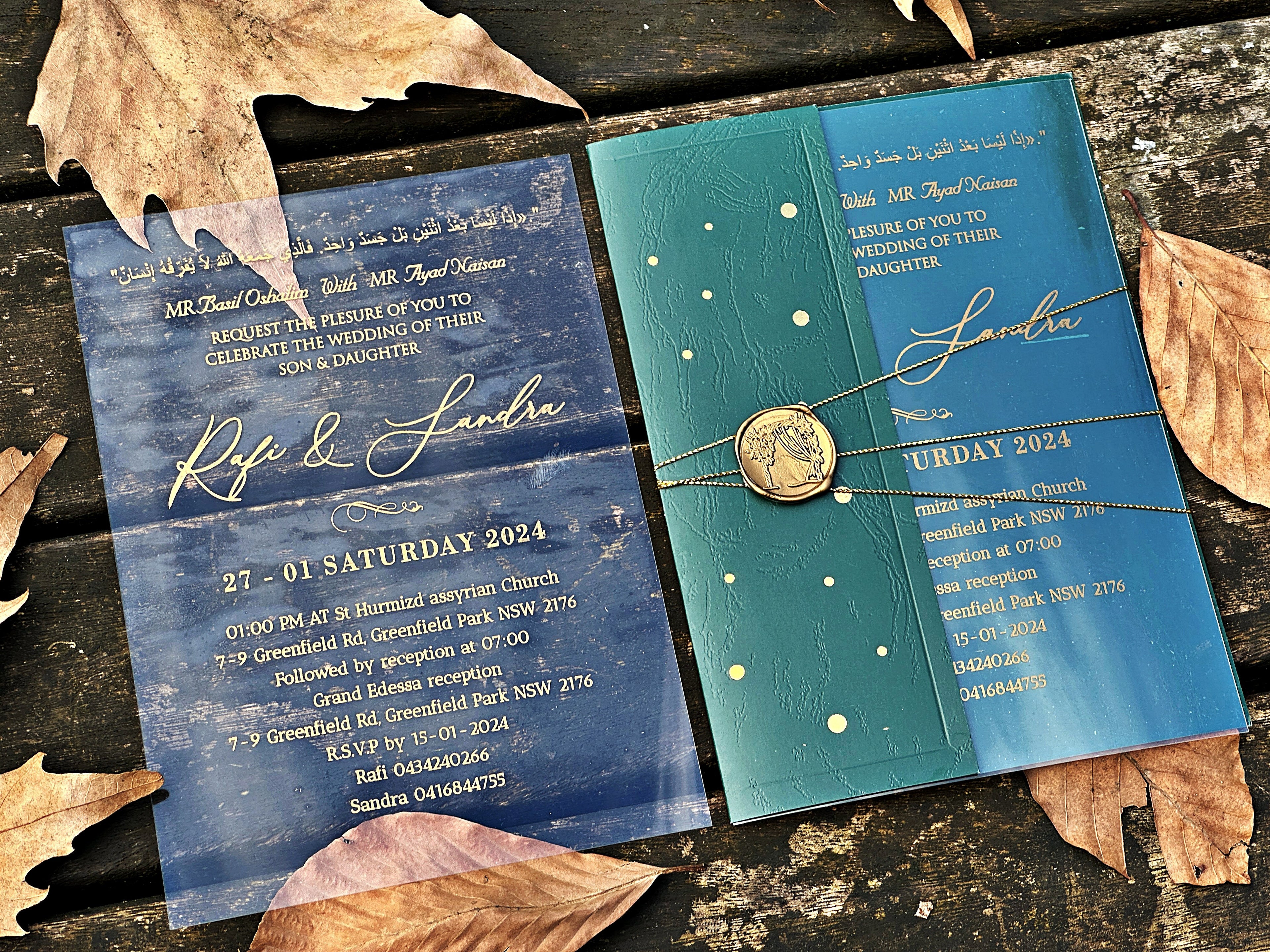 Clear Acrylic Wedding Invitation with Gold Print, Green Envelope & Gold Wax Seal - LunaInvites