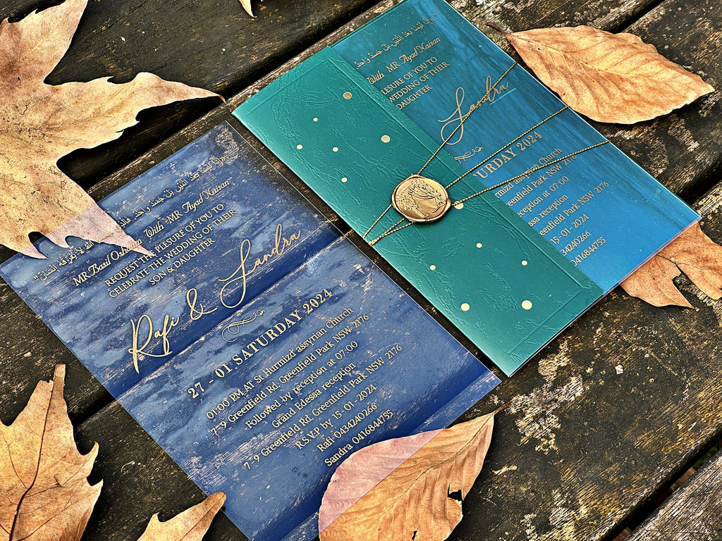 Clear Acrylic Wedding Invitation with Gold Print, Green Envelope & Gold Wax Seal - LunaInvites