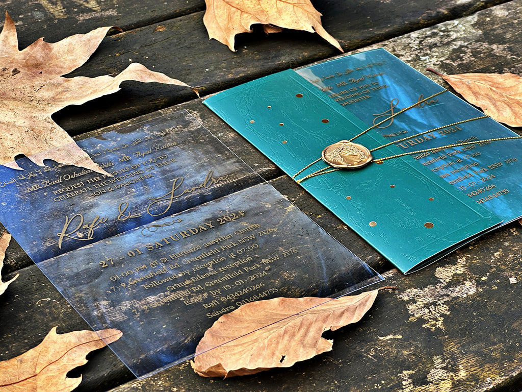 Clear Acrylic Wedding Invitation with Gold Print, Green Envelope & Gold Wax Seal - LunaInvites