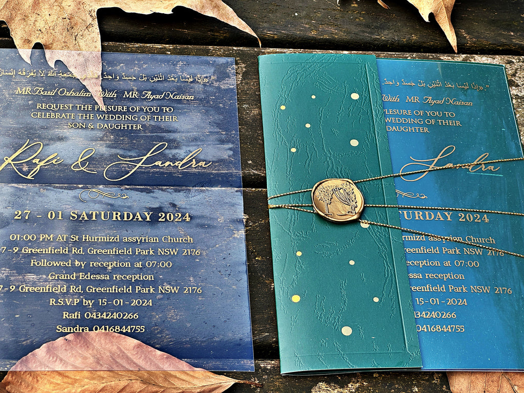 Clear Acrylic Wedding Invitation with Gold Print, Green Envelope & Gold Wax Seal - LunaInvites