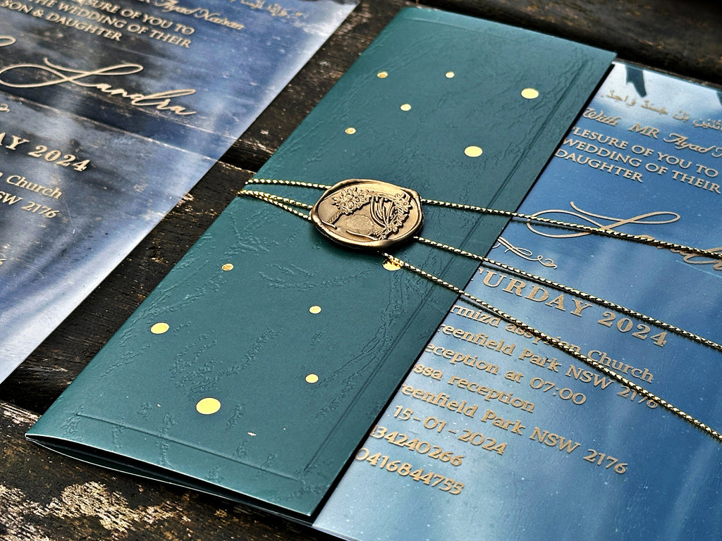 Clear Acrylic Wedding Invitation with Gold Print, Green Envelope & Gold Wax Seal - LunaInvites