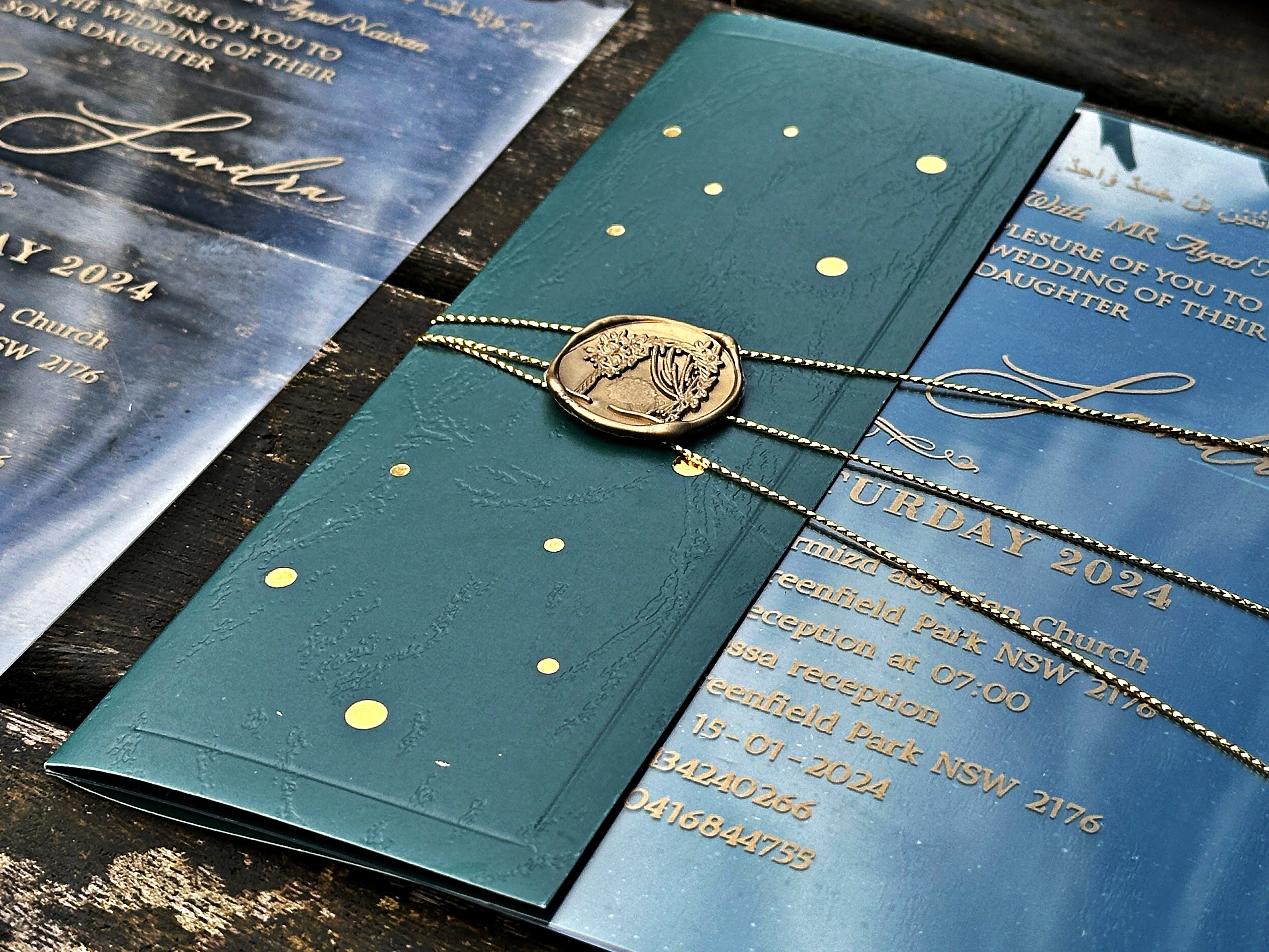 Clear Acrylic Wedding Invitation with Gold Print, Green Envelope & Gold Wax Seal - LunaInvites