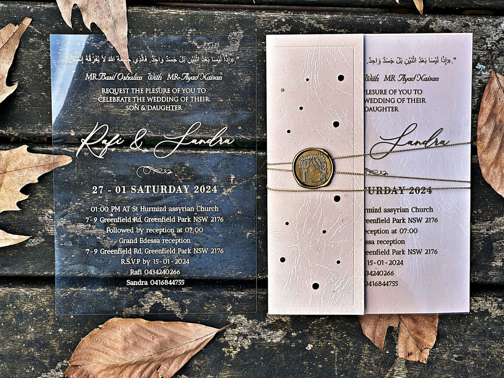 Clear Acrylic Wedding Invitation with Gold Print, Cream Envelope & Gold Wax Seal - LunaInvites