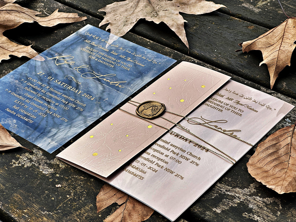 Clear Acrylic Wedding Invitation with Gold Print, Cream Envelope & Gold Wax Seal - LunaInvites