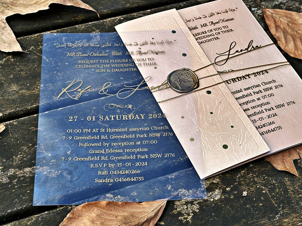 Clear Acrylic Wedding Invitation with Gold Print, Cream Envelope & Gold Wax Seal - LunaInvites