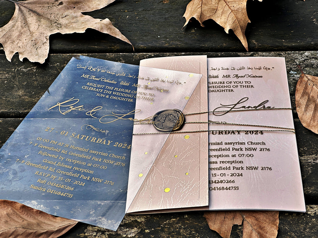 Clear Acrylic Wedding Invitation with Gold Print, Cream Envelope & Gold Wax Seal - LunaInvites