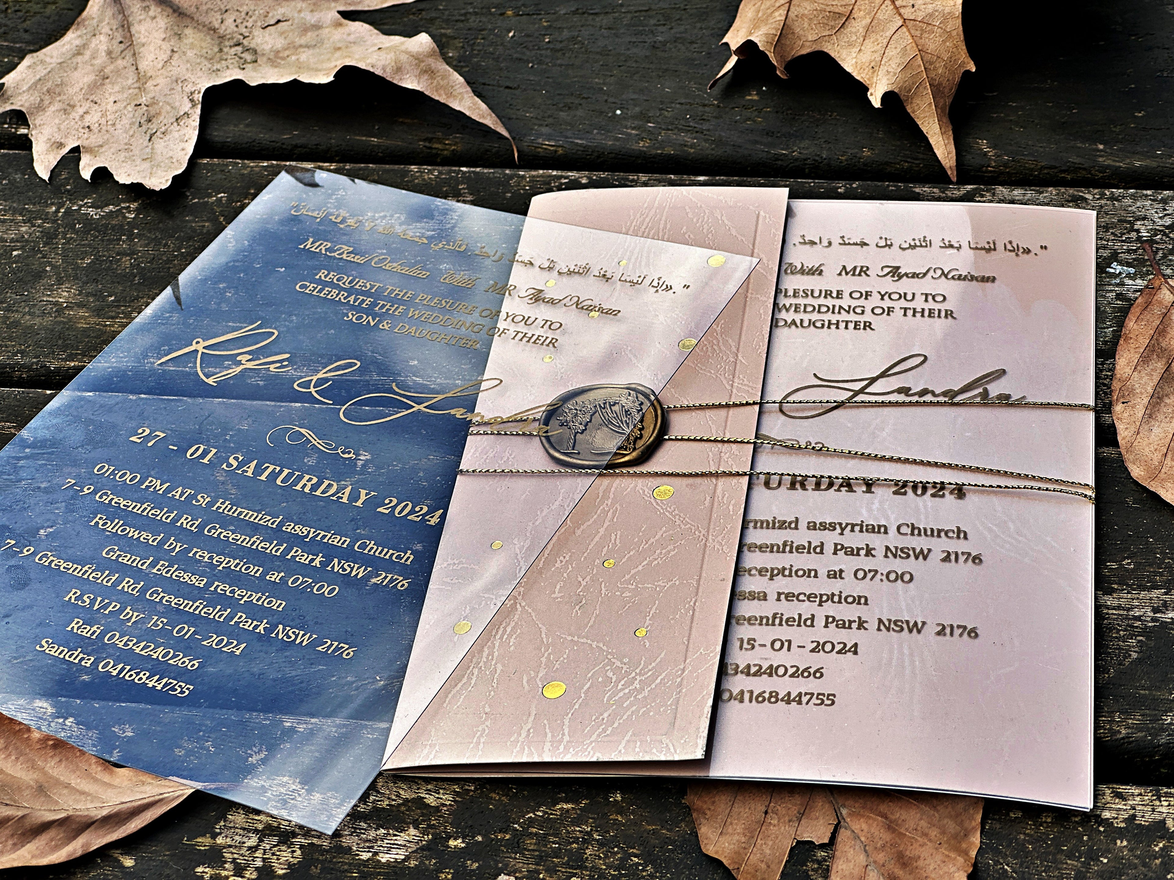 Clear Acrylic Wedding Invitation with Gold Print, Cream Envelope & Gold Wax Seal - LunaInvites