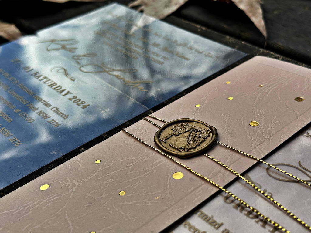 Clear Acrylic Wedding Invitation with Gold Print, Cream Envelope & Gold Wax Seal - LunaInvites