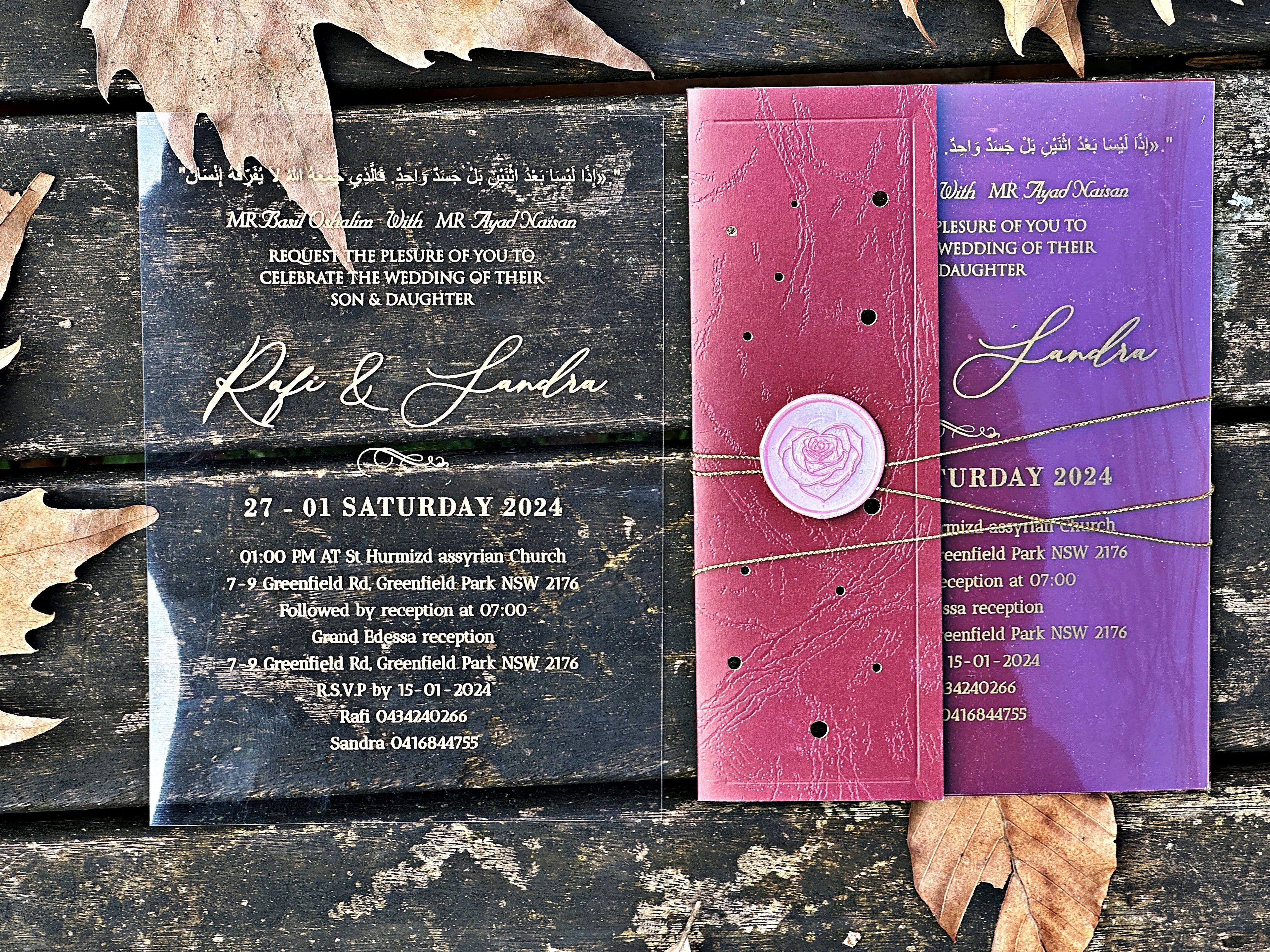 Clear Acrylic Wedding Invitation with Gold Print, Burgundy Envelope & Pink Wax Seal - LunaInvites