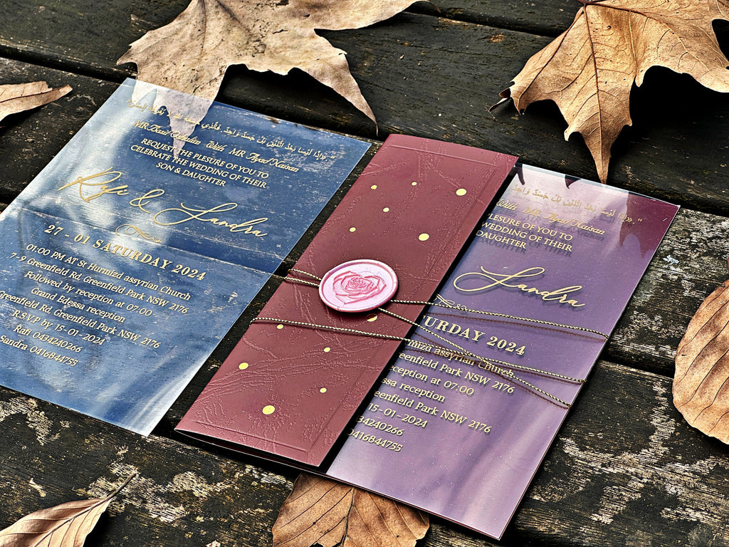 Clear Acrylic Wedding Invitation with Gold Print, Burgundy Envelope & Pink Wax Seal - LunaInvites