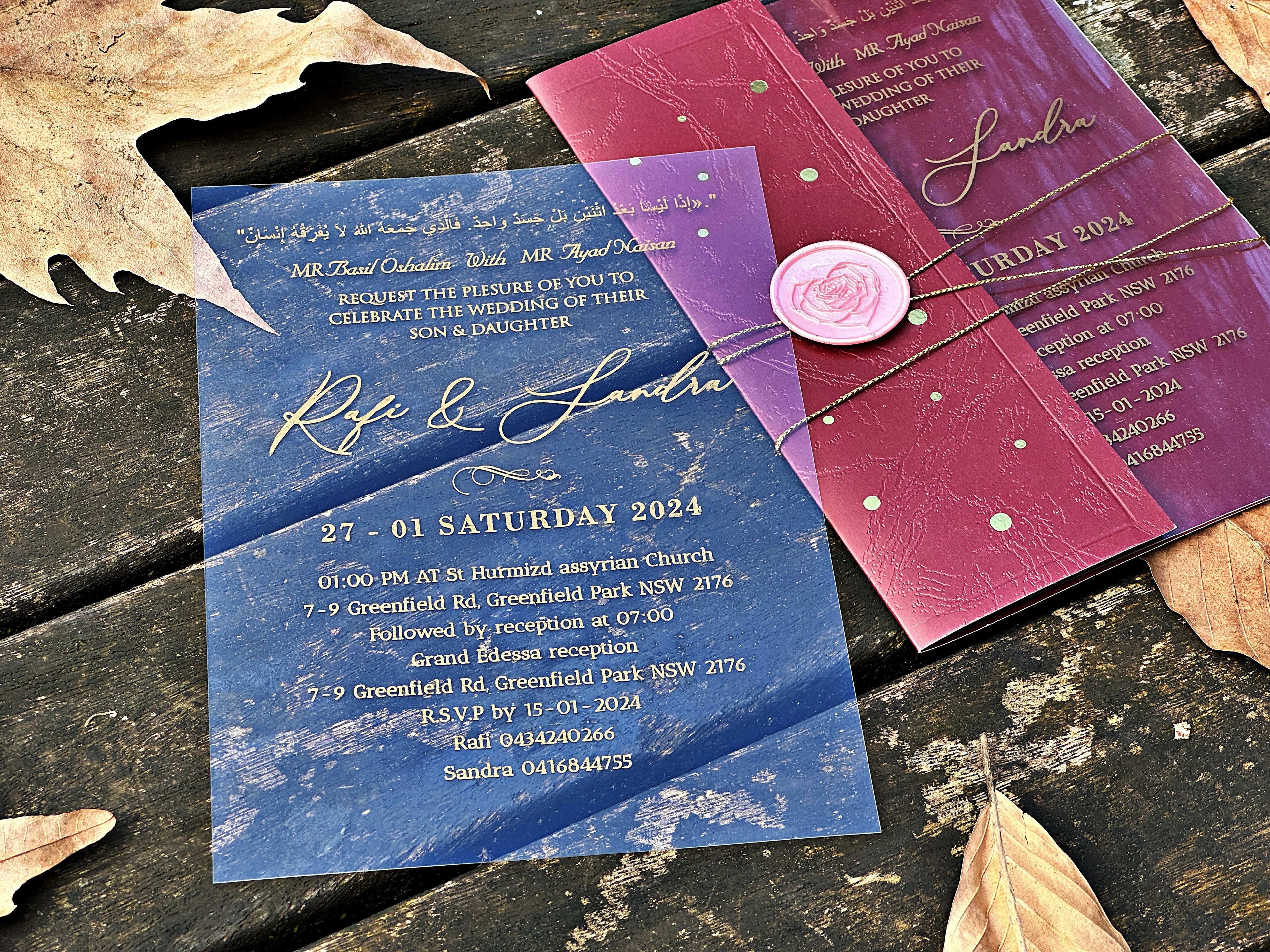 Clear Acrylic Wedding Invitation with Gold Print, Burgundy Envelope & Pink Wax Seal - LunaInvites