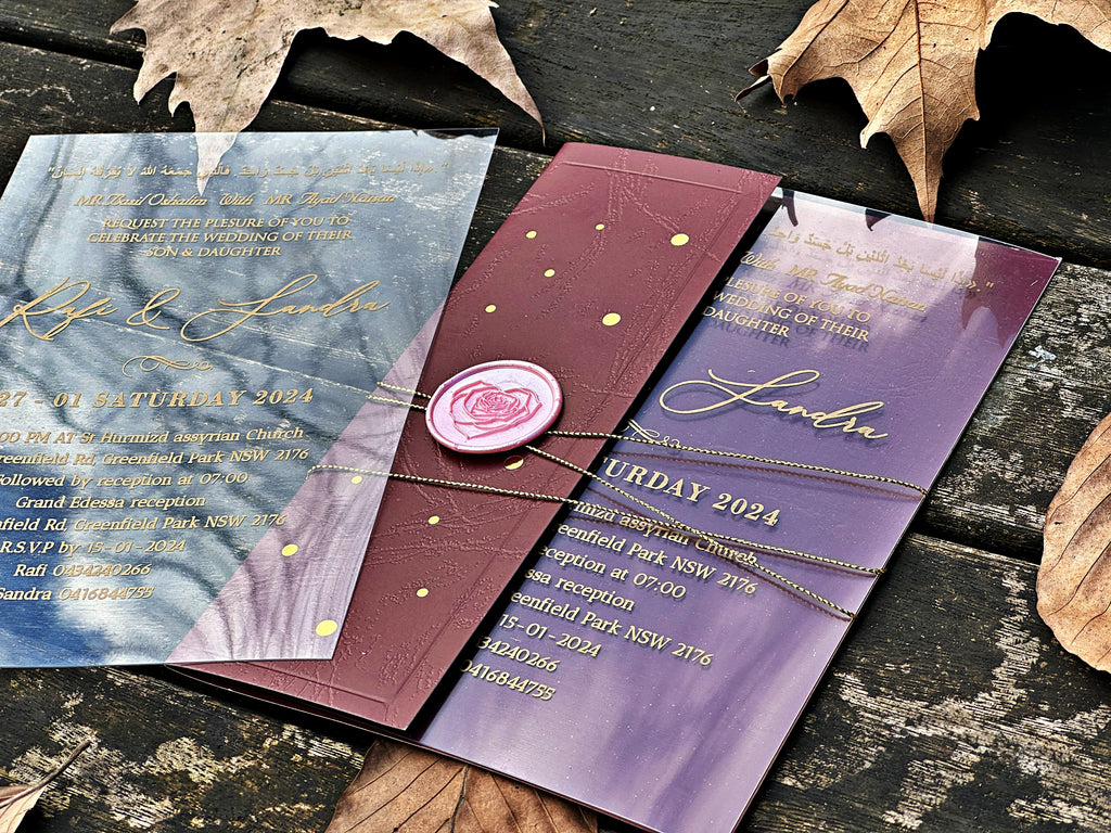 Clear Acrylic Wedding Invitation with Gold Print, Burgundy Envelope & Pink Wax Seal - LunaInvites
