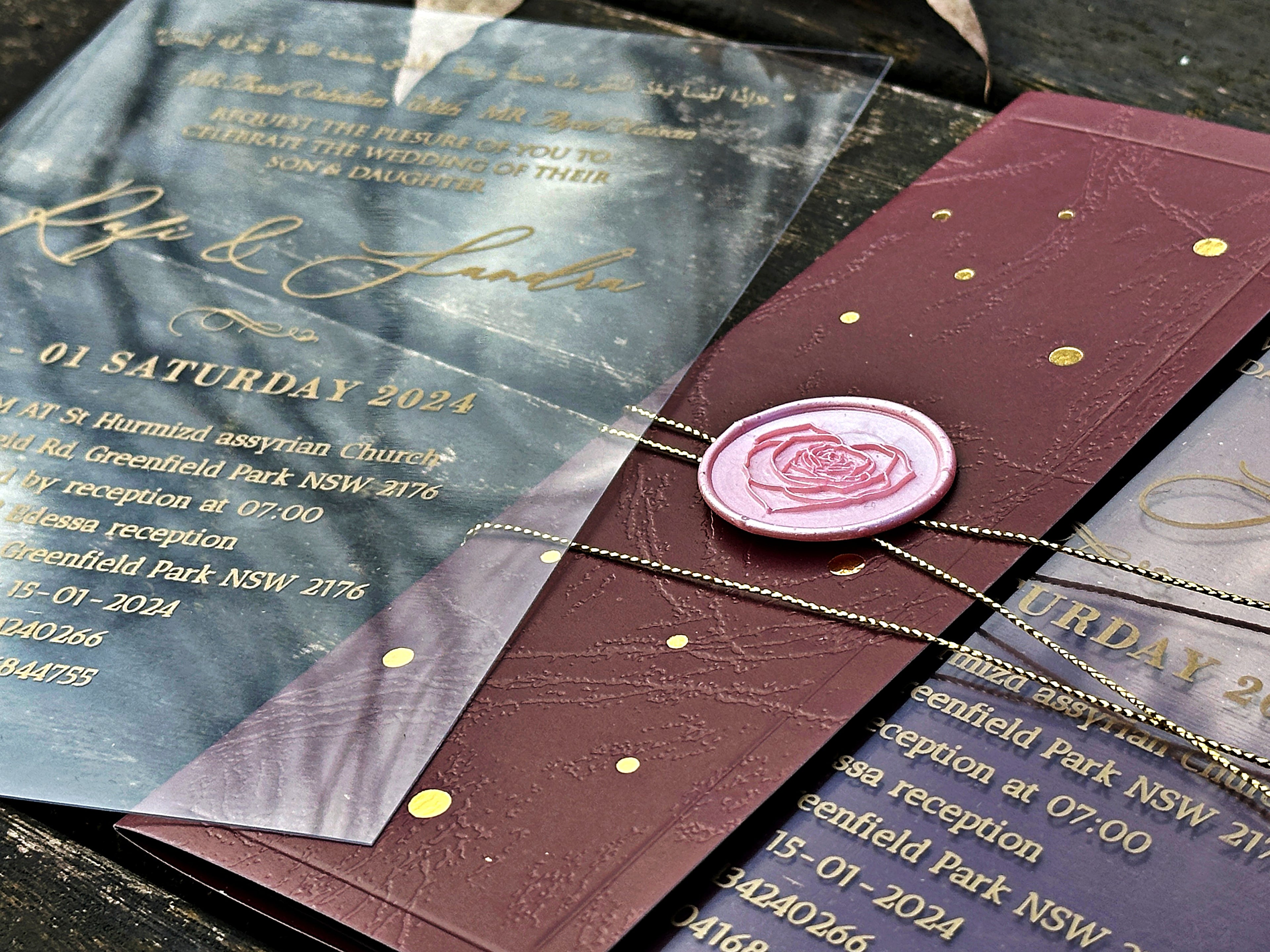 Clear Acrylic Wedding Invitation with Gold Print, Burgundy Envelope & Pink Wax Seal - LunaInvites