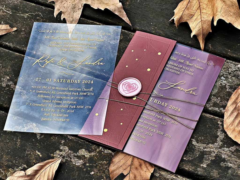 Clear Acrylic Wedding Invitation with Gold Print, Burgundy Envelope & Pink Wax Seal - LunaInvites