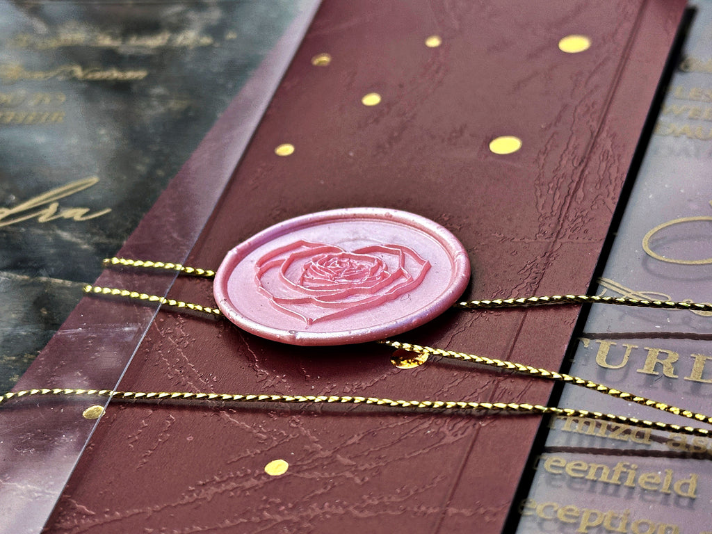Clear Acrylic Wedding Invitation with Gold Print, Burgundy Envelope & Pink Wax Seal - LunaInvites