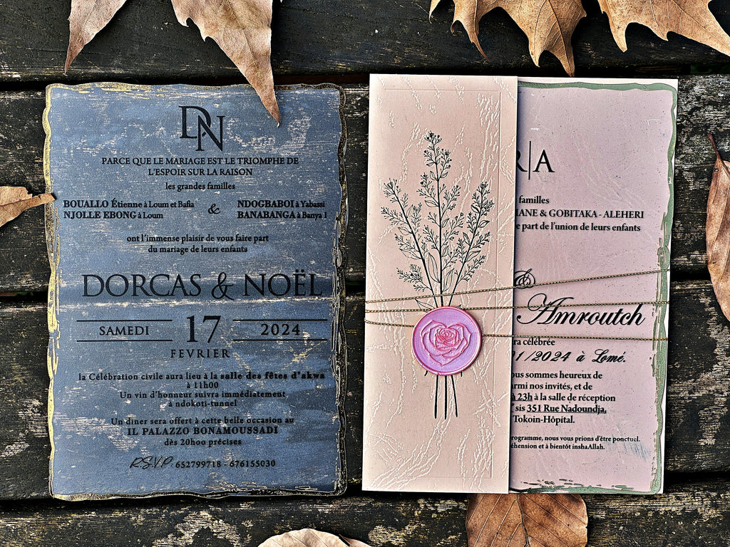 Clear Acrylic Wedding Invitation with Gold Print, Cream Envelope & Pink Wax Seal - LunaInvites