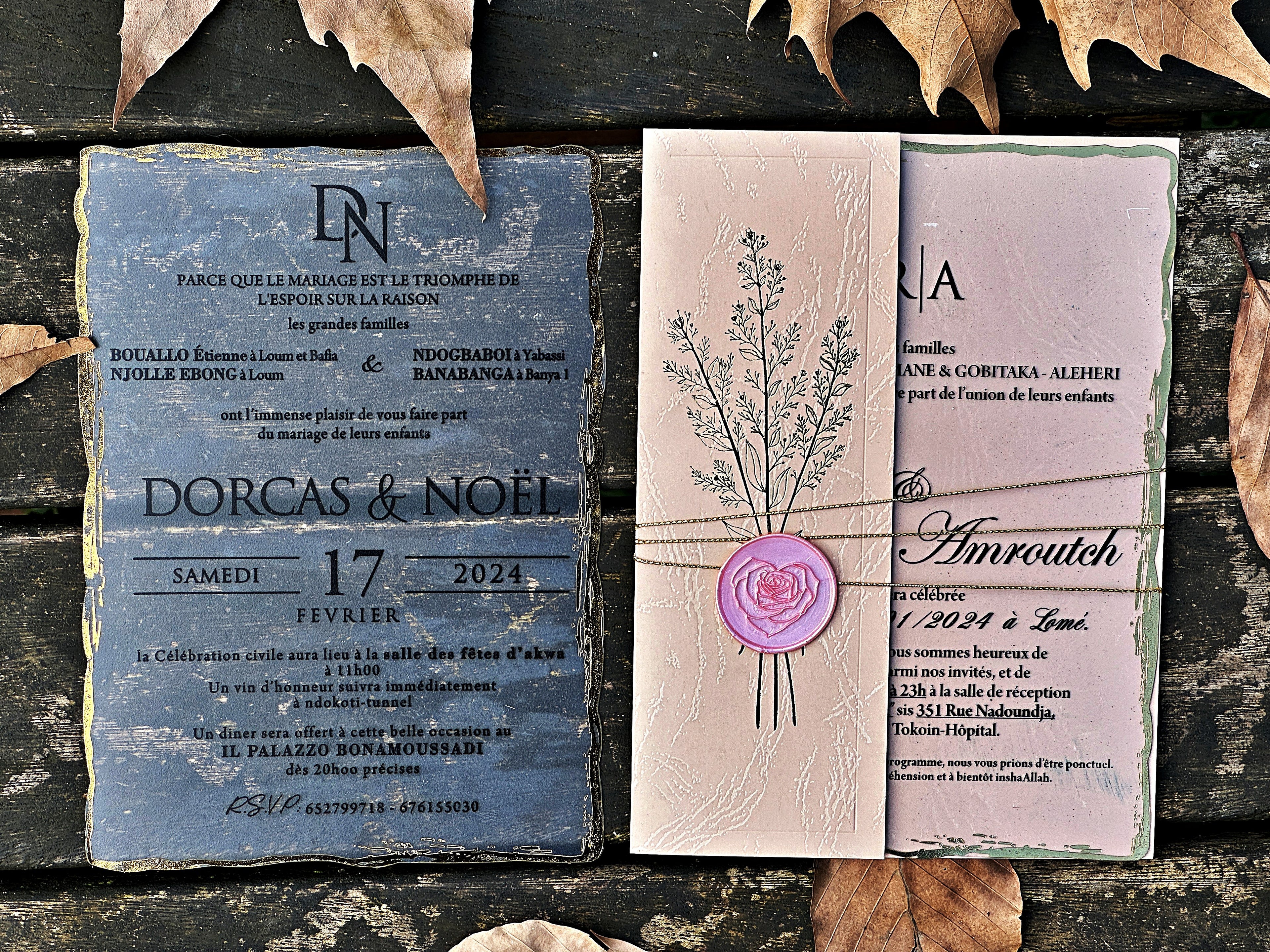 Clear Acrylic Wedding Invitation with Gold Print, Cream Envelope & Pink Wax Seal - LunaInvites