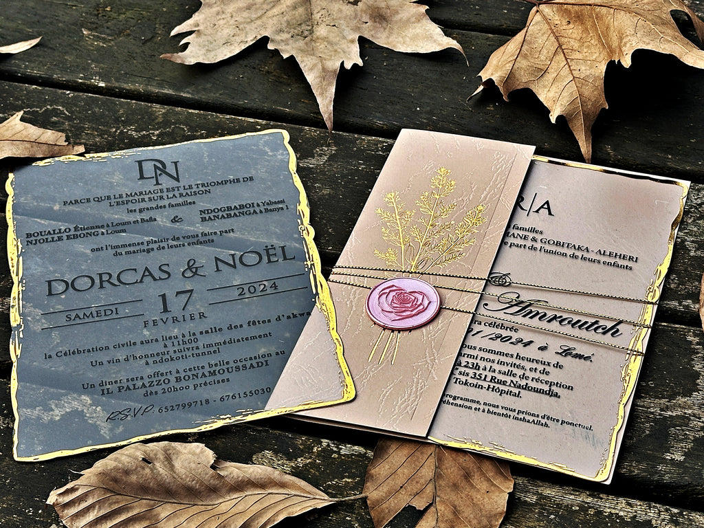 Clear Acrylic Wedding Invitation with Gold Print, Cream Envelope & Pink Wax Seal - LunaInvites