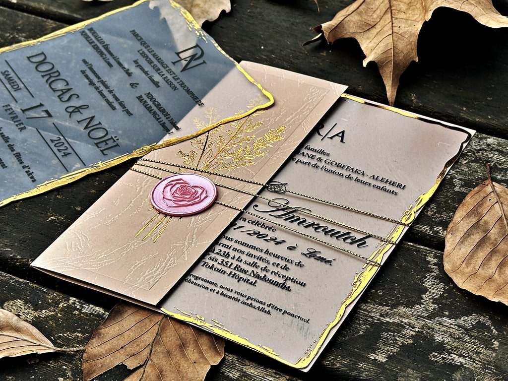 Clear Acrylic Wedding Invitation with Gold Print, Cream Envelope & Pink Wax Seal - LunaInvites