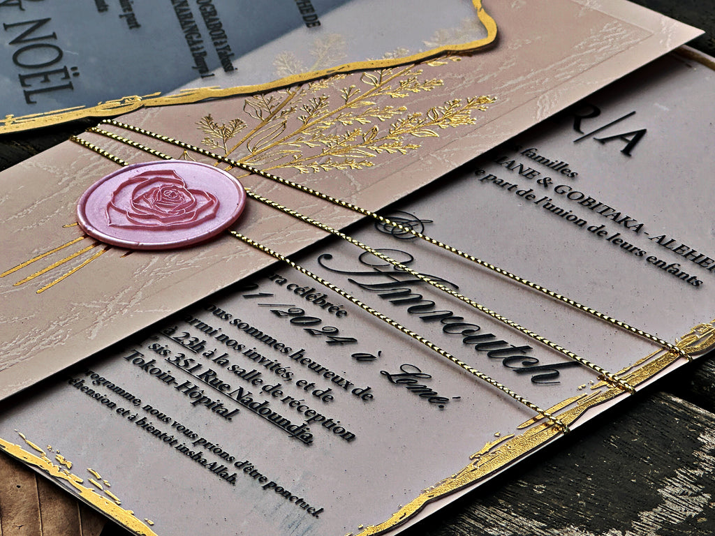Clear Acrylic Wedding Invitation with Gold Print, Cream Envelope & Pink Wax Seal - LunaInvites