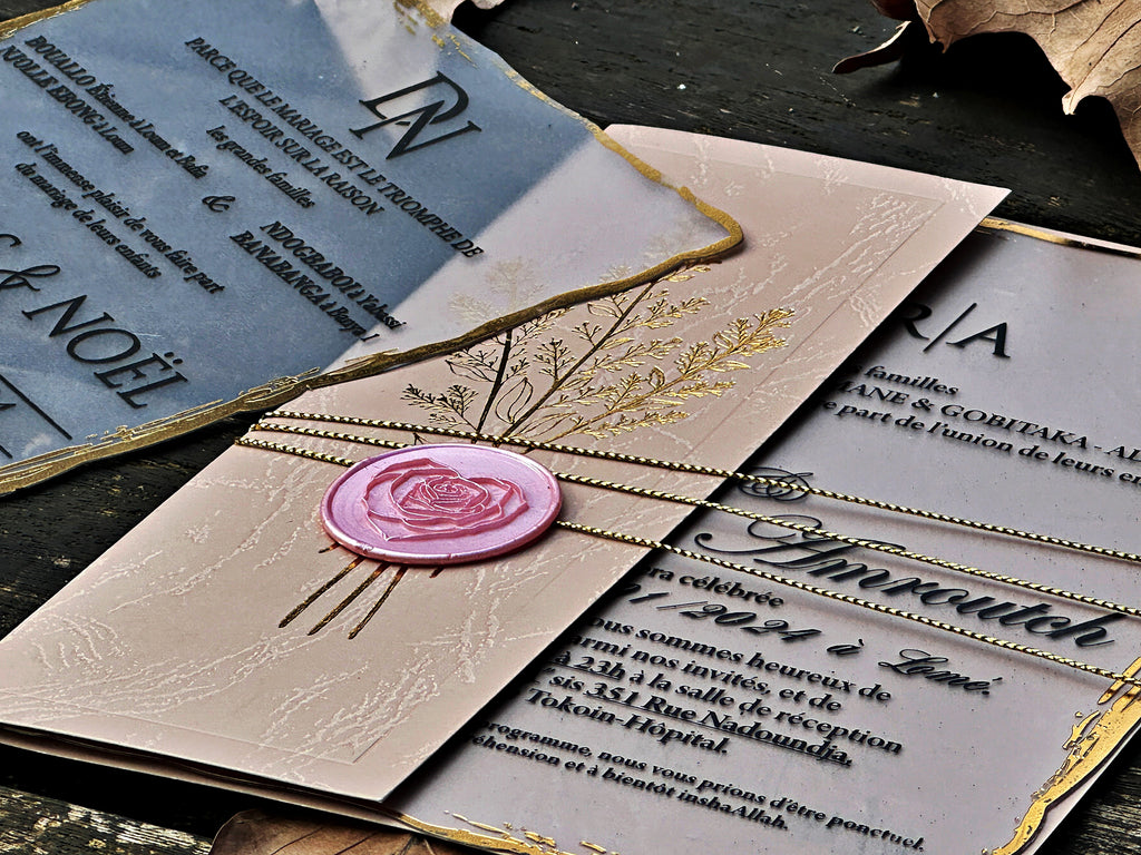 Clear Acrylic Wedding Invitation with Gold Print, Cream Envelope & Pink Wax Seal - LunaInvites