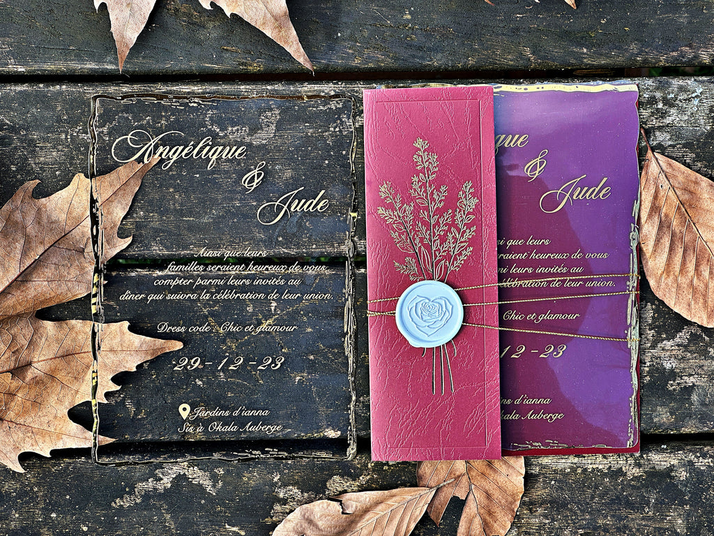 Clear Acrylic Wedding Invitation with Gold Print, Burgundy Envelope & White Wax Seal - LunaInvites