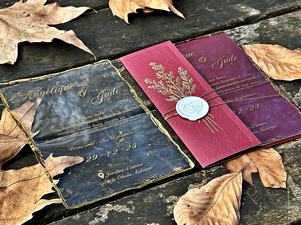 Clear Acrylic Wedding Invitation with Gold Print, Burgundy Envelope & White Wax Seal - LunaInvites