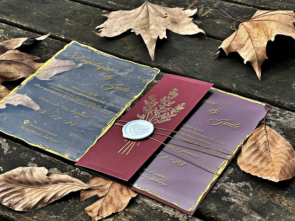 Clear Acrylic Wedding Invitation with Gold Print, Burgundy Envelope & White Wax Seal - LunaInvites
