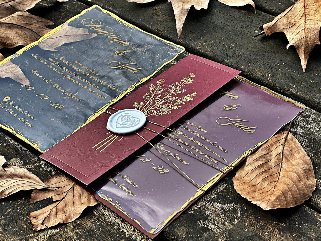 Clear Acrylic Wedding Invitation with Gold Print, Burgundy Envelope & White Wax Seal - LunaInvites