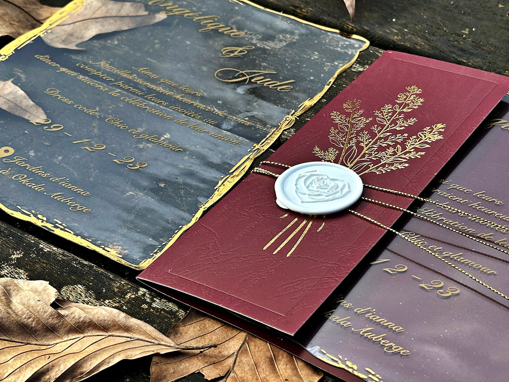 Clear Acrylic Wedding Invitation with Gold Print, Burgundy Envelope & White Wax Seal - LunaInvites