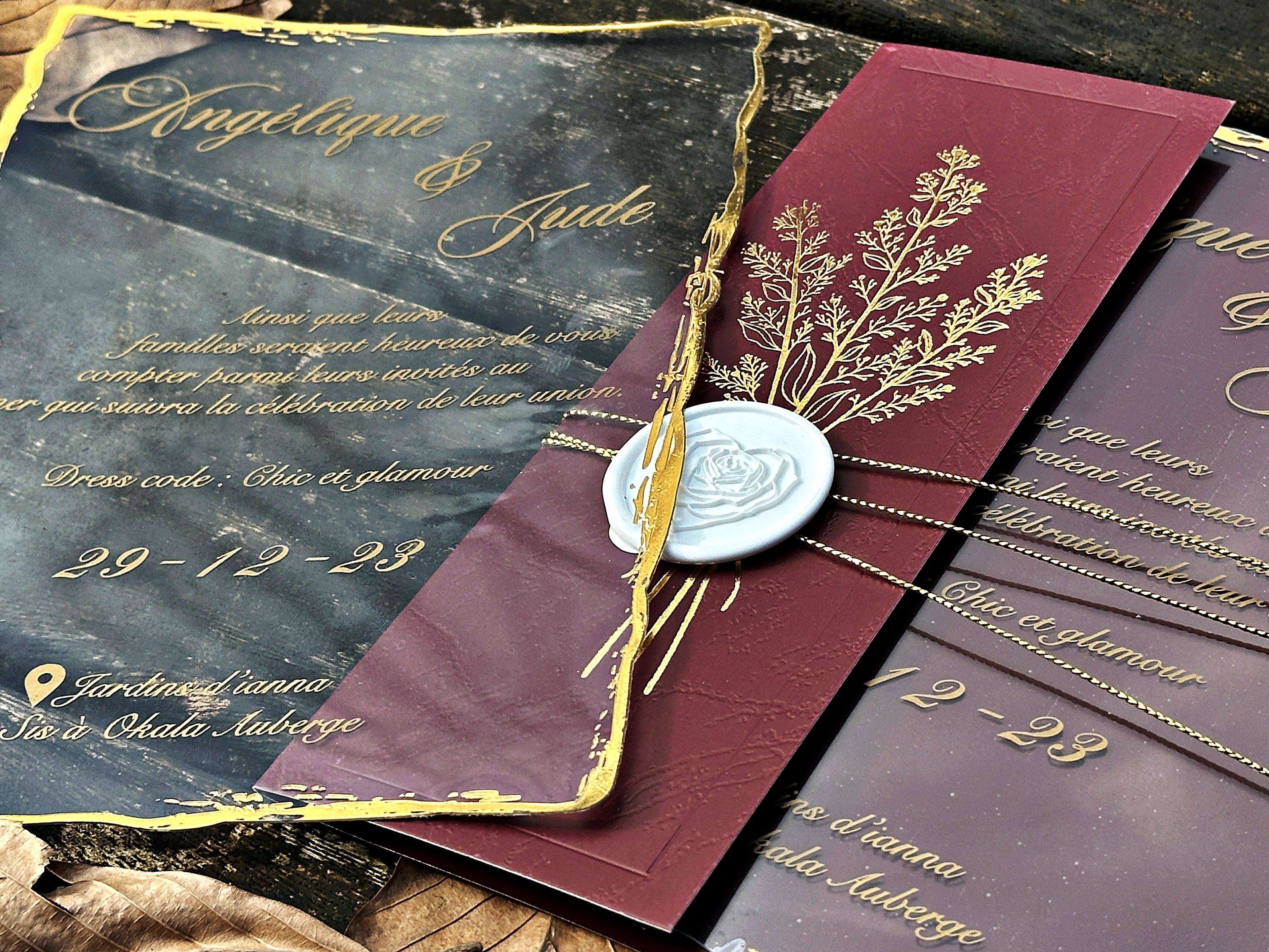 Clear Acrylic Wedding Invitation with Gold Print, Burgundy Envelope & White Wax Seal - LunaInvites