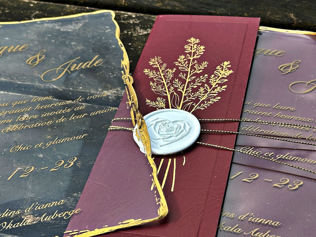 Clear Acrylic Wedding Invitation with Gold Print, Burgundy Envelope & White Wax Seal - LunaInvites