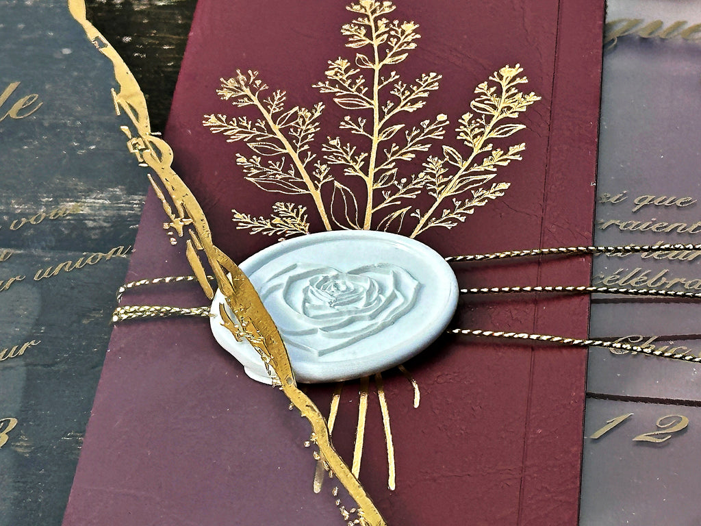 Clear Acrylic Wedding Invitation with Gold Print, Burgundy Envelope & White Wax Seal - LunaInvites