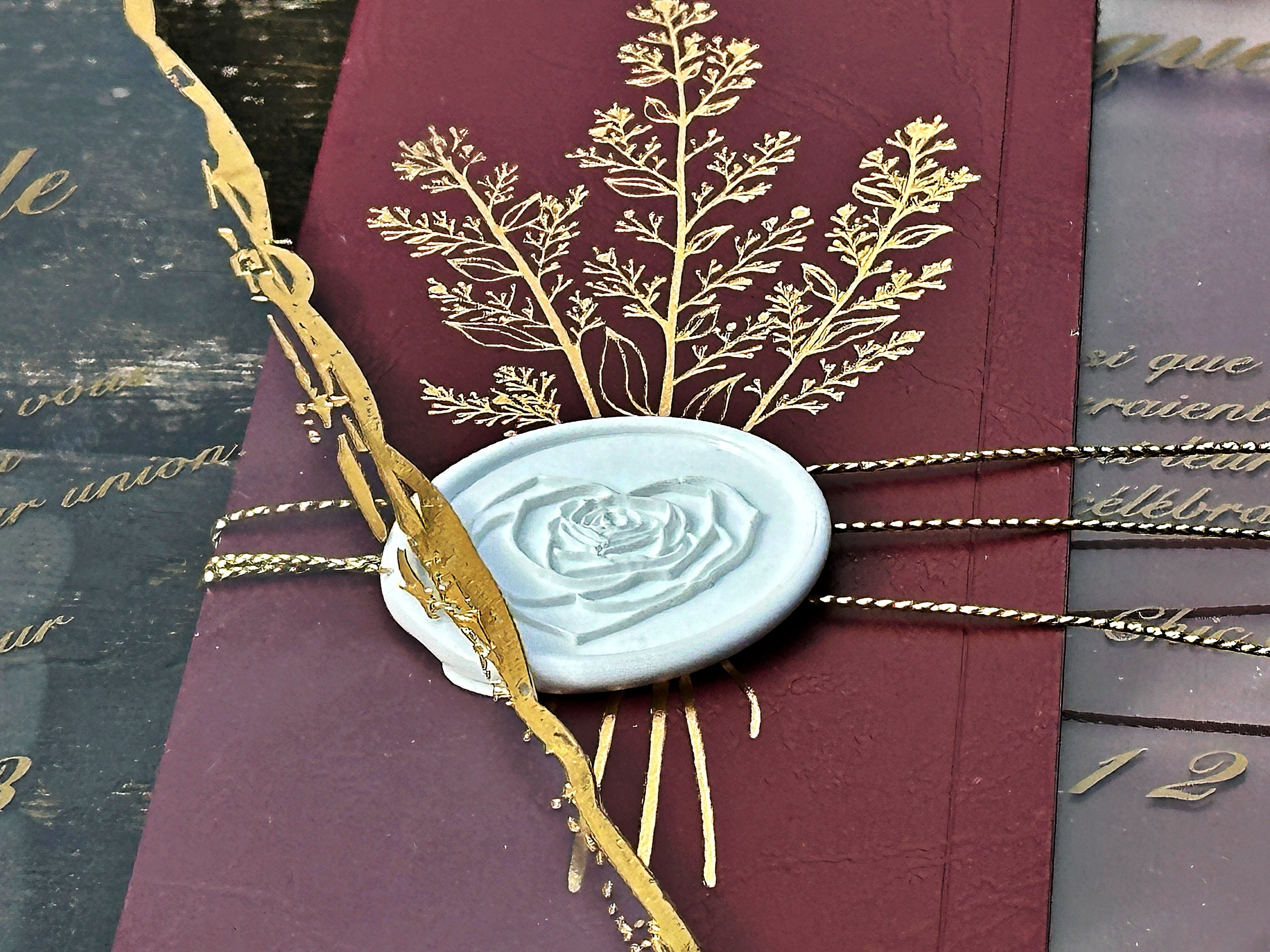 Clear Acrylic Wedding Invitation with Gold Print, Burgundy Envelope & White Wax Seal - LunaInvites