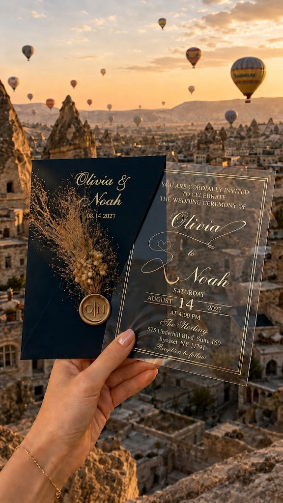 Clear Acrylic Wedding Invitations with Gold Print & White Envelope LunaInvites