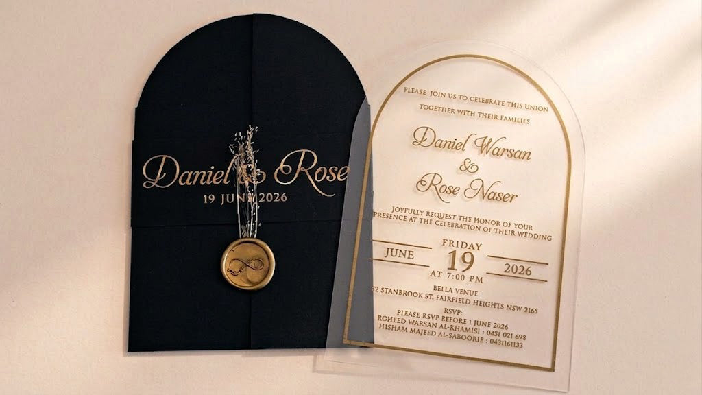 Clear Acrylic Wedding Invitation with Gold Foil & Flower - Black Envelope LunaInvites