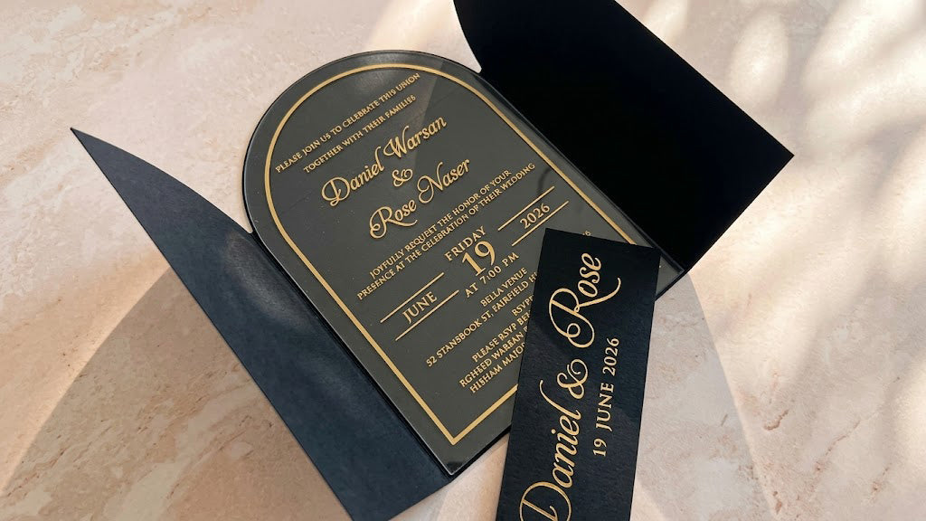 Clear Acrylic Wedding Invitation with Gold Foil & Flower - Black Envelope LunaInvites