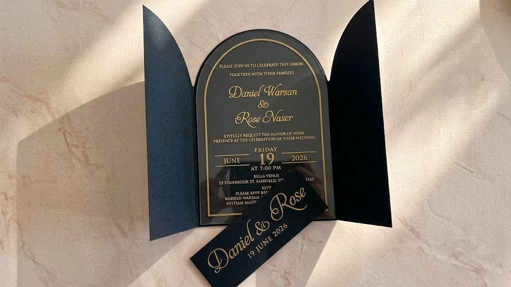 Clear Acrylic Wedding Invitation with Gold Foil & Flower - Black Envelope LunaInvites