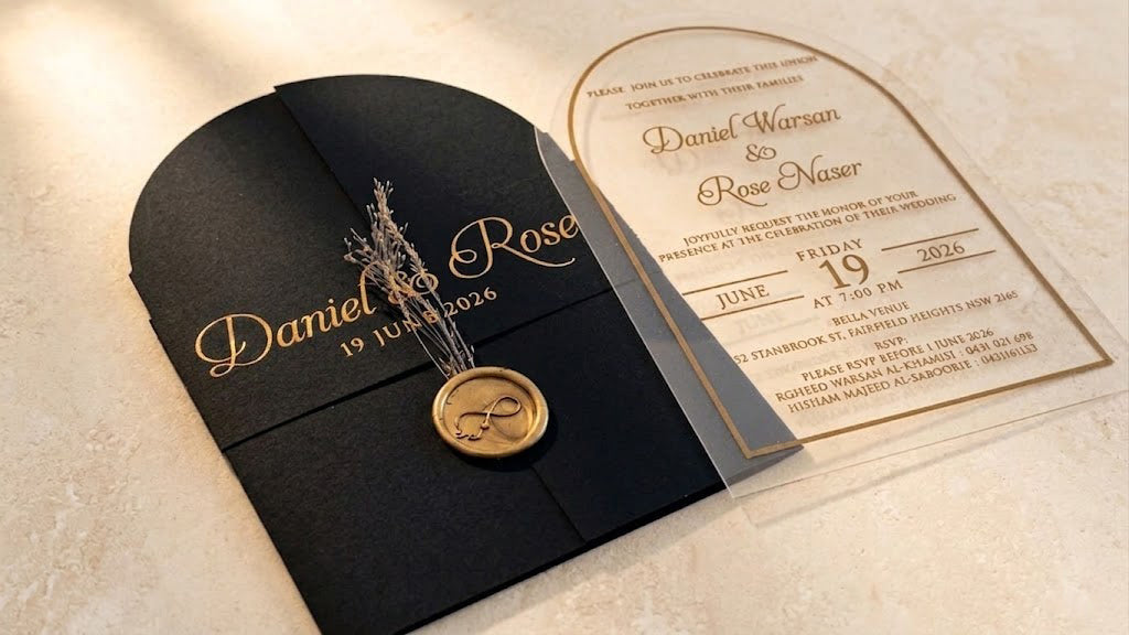 Clear Acrylic Wedding Invitation with Gold Foil & Flower - Black Envelope LunaInvites