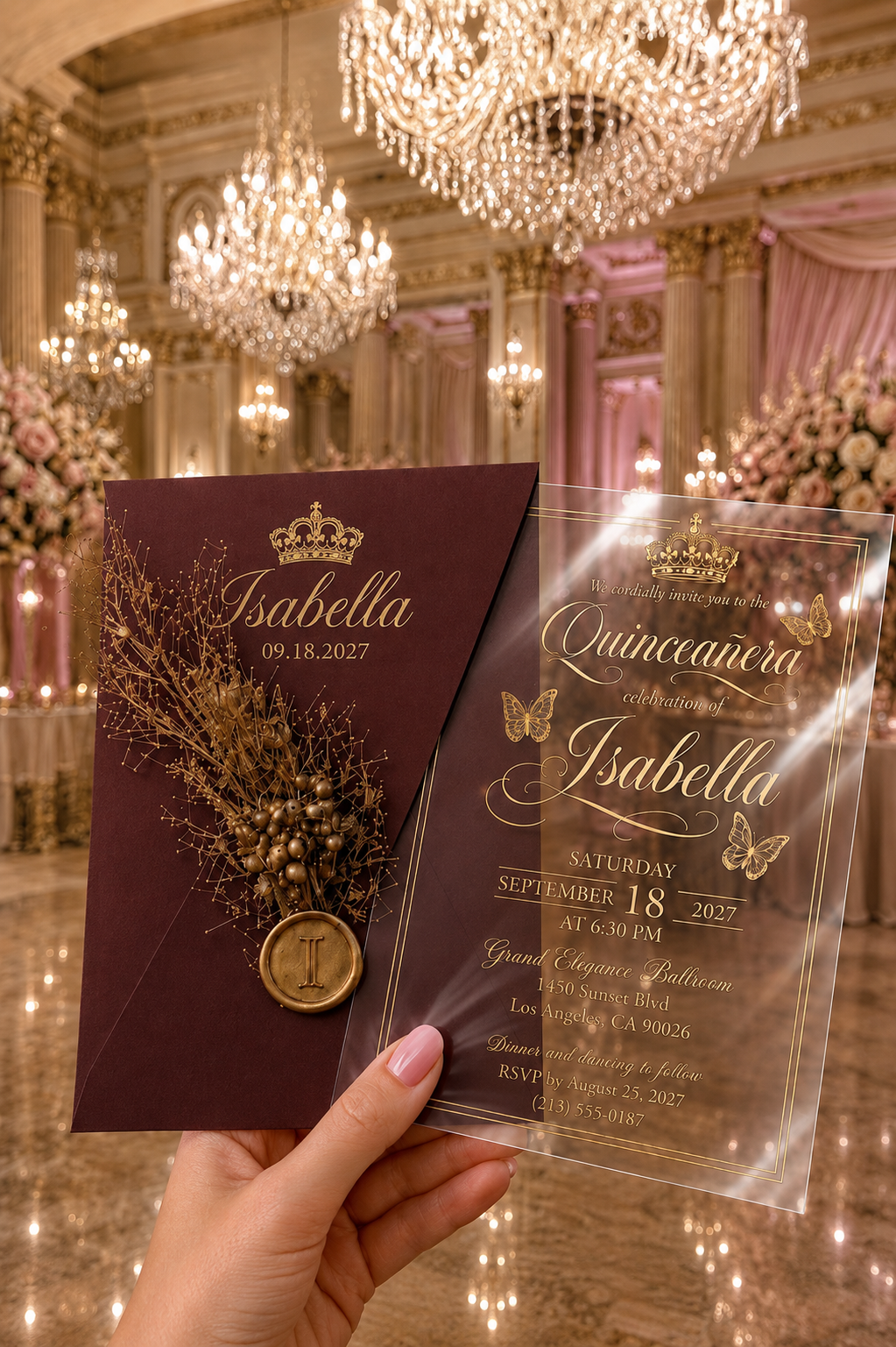 Personalized Clear Acrylic Quinceañera Invitations with Gold Print & Pink Envelope LunaInvites