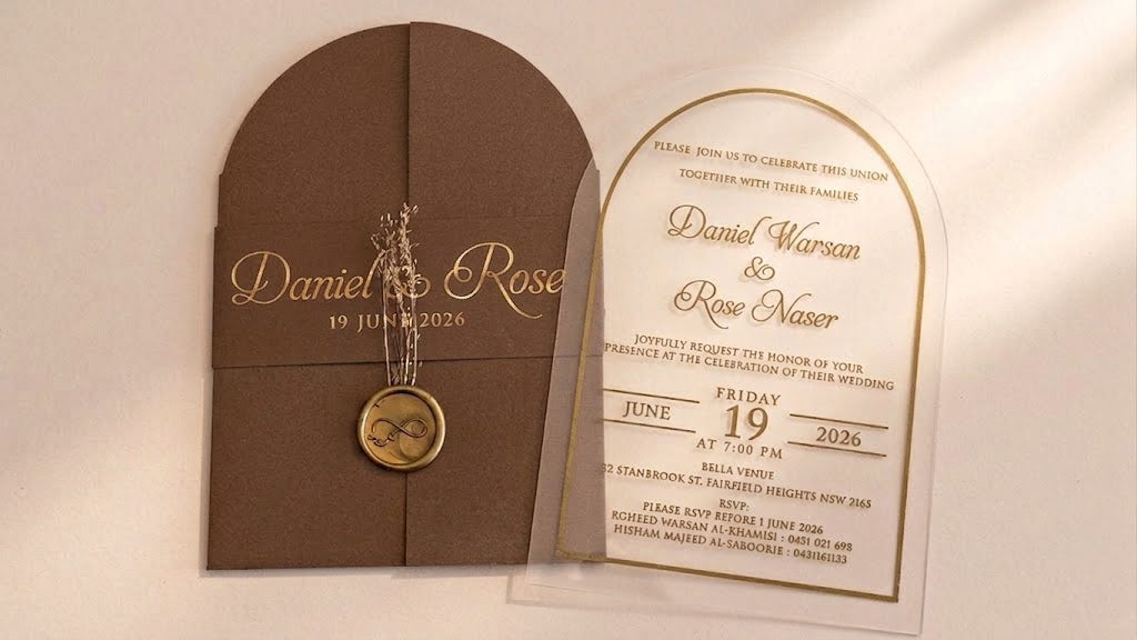 Front view of a brown arched gatefold cover with a printed band, wax seal and dried flowers beside a clear acrylic wedding invitation.
