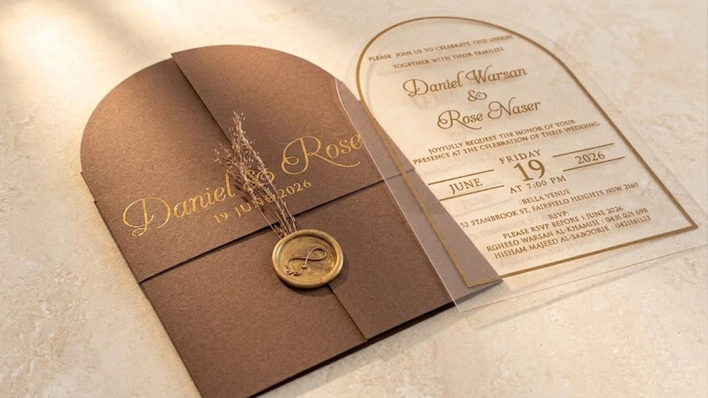 Angled view of the brown invitation set, with the sealed gatefold cover on the left and the gold-bordered clear acrylic card on the right.