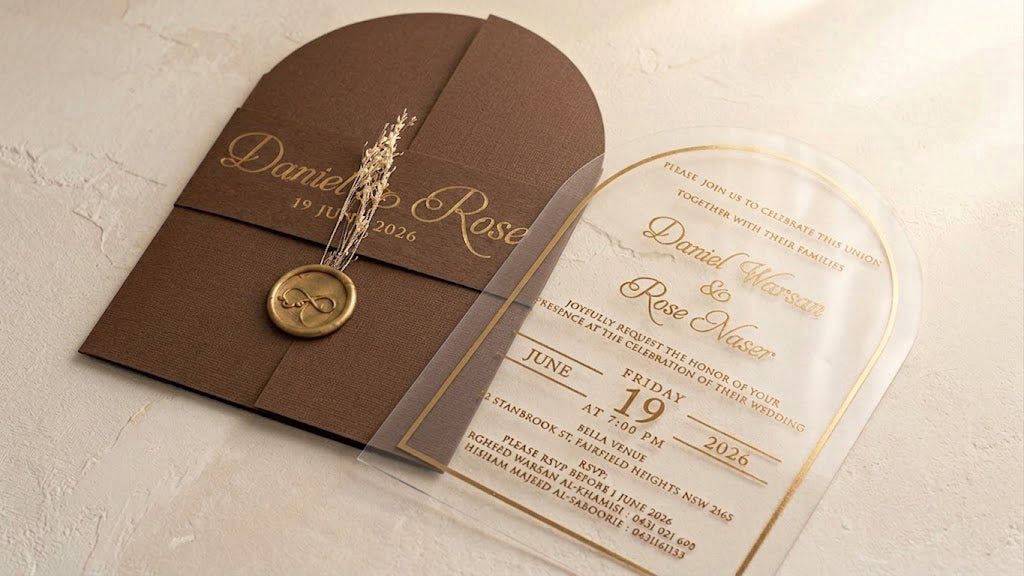Diagonal view of the brown arched cover and clear acrylic card, showing the printed band, round gold-colored wax seal and dried sprigs.