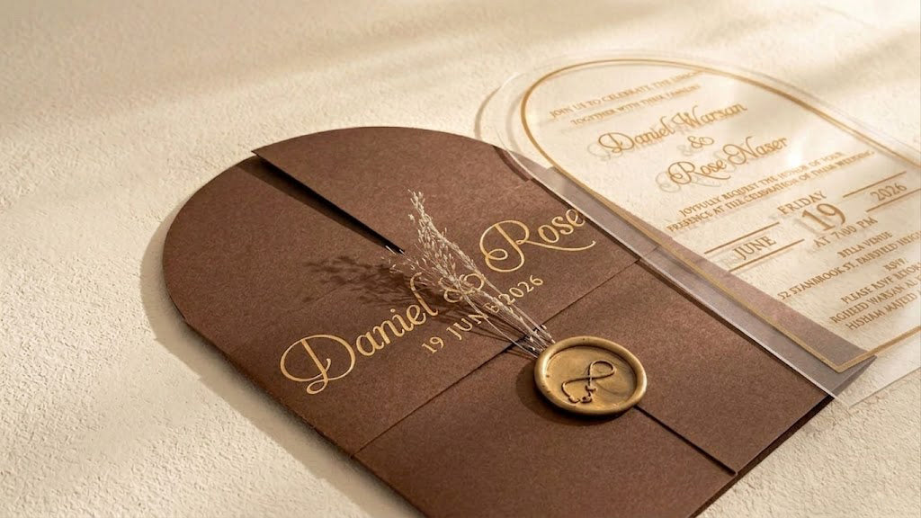 Low angled close-up of the brown gatefold cover, emphasizing the gold-colored wax seal, dried sprigs and printed band; the clear card is partly visible.