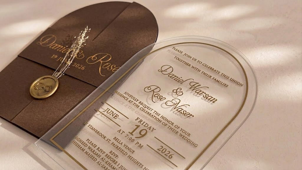 Angled close-up of the clear arched acrylic card's names, date and border, with the brown cover, wax seal and dried flowers behind it.