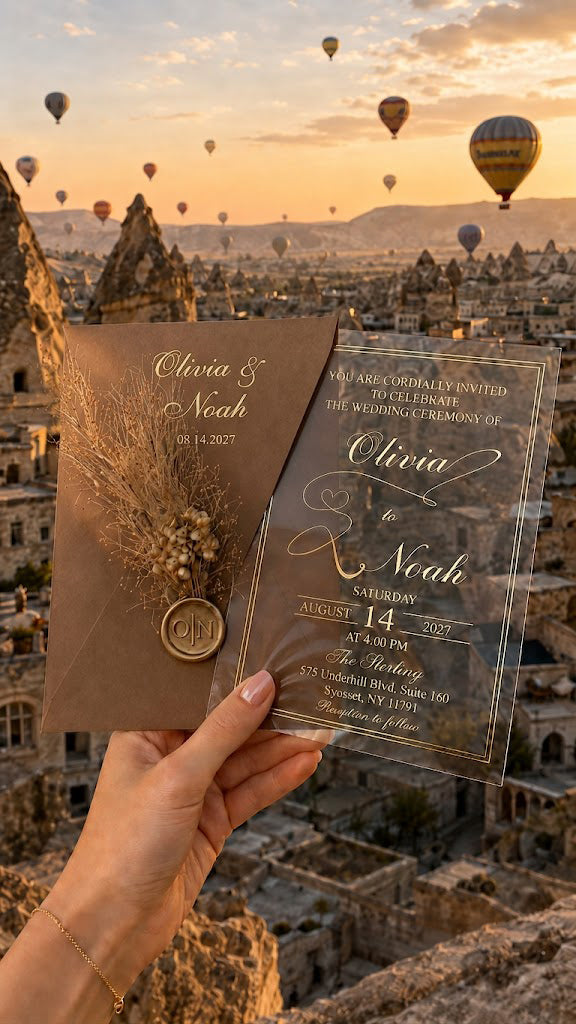 Clear Acrylic Wedding Invitations with Gold Print & White Envelope LunaInvites