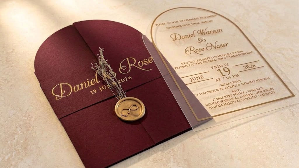 Angled view of the burgundy invitation set, with the sealed gatefold cover on the left and the gold-bordered clear acrylic card on the right.