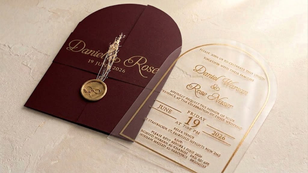 Diagonal view of the burgundy arched cover and clear acrylic card, showing the printed band, round gold-colored wax seal and dried sprigs.