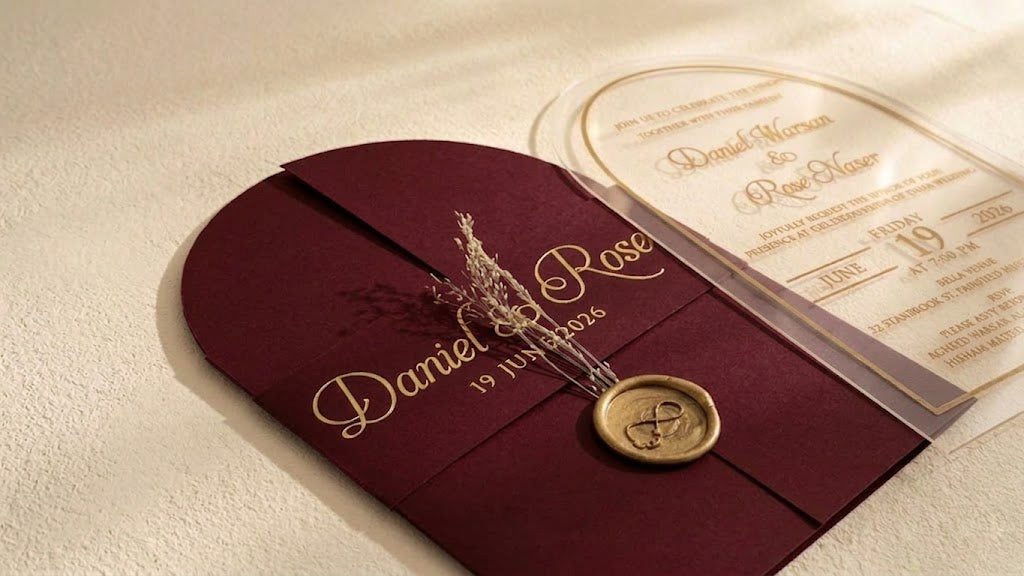 Low angled close-up of the burgundy gatefold cover, emphasizing the gold-colored wax seal, dried sprigs and printed band; the clear card is partly visible.