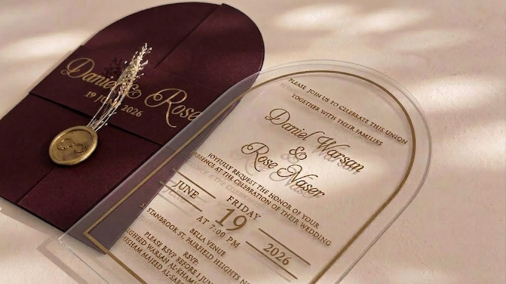 Angled close-up of the clear arched acrylic card's names, date and border, with the burgundy cover, wax seal and dried flowers behind it.